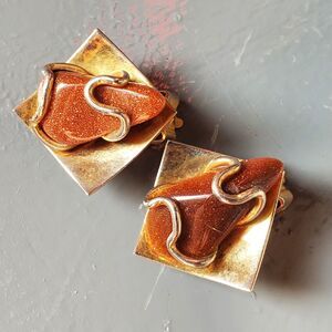 Abstract Goldstone Clip Earrings Amber Adventurine Copper Wire Vintage Mod Retro